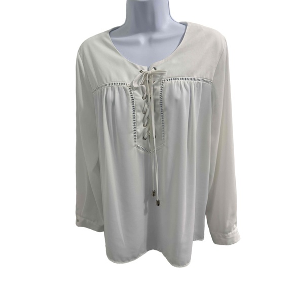 White Long Sleeves Lace Up Front Peasant Blouse Feminine Relaxed Fit Womens M - Picture 2 of 7